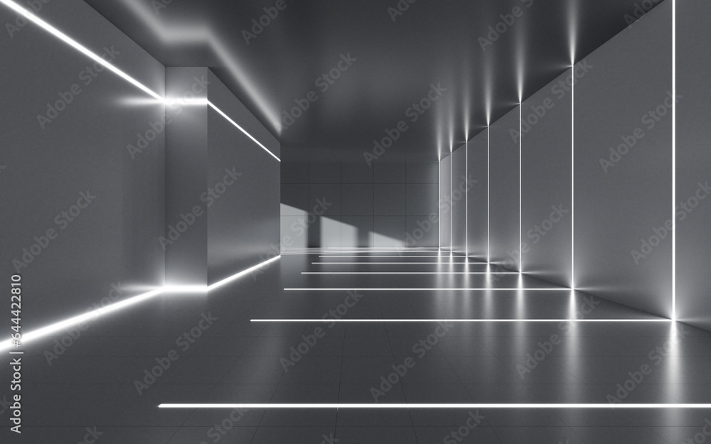 Poster abstract indoor building with neon light, 3d rendering.