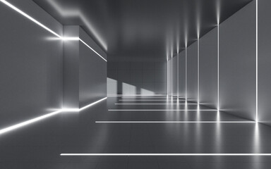 Abstract indoor building with neon light, 3d rendering.