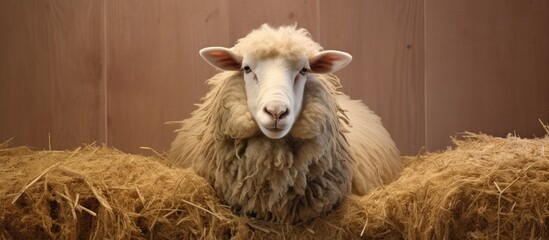Sheep with long hair eating hay on a wooden stand a breeding animal isolated pastel background Copy space