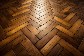 Parquet floor pattern, narrow brown varnished boards. Close-up, perspective view - obrazy, fototapety, plakaty