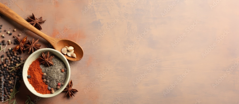 Poster selective focus on a isolated pastel background copy space with isolated aniseed spices and bamboo l