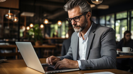 Handsome mature businessman working on laptop computer in coffee shop.