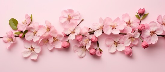 Fototapeta na wymiar Pink apple flowers bloom from rose colored pollen isolated pastel background Copy space