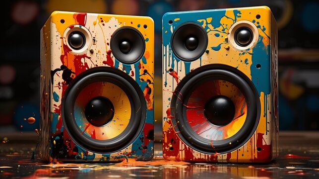 Music speakers in bright paint spots Generative AI