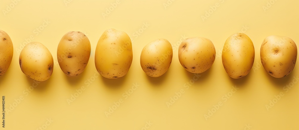 Poster Yellow potatoes with a shape are sorted on a isolated pastel background Copy space