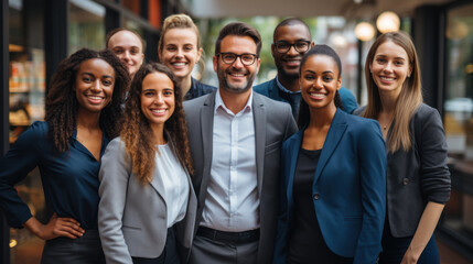 Portrait of a group of diverse business people standing together in the office.