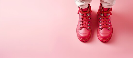 Red boots for women in the winter isolated pastel background Copy space