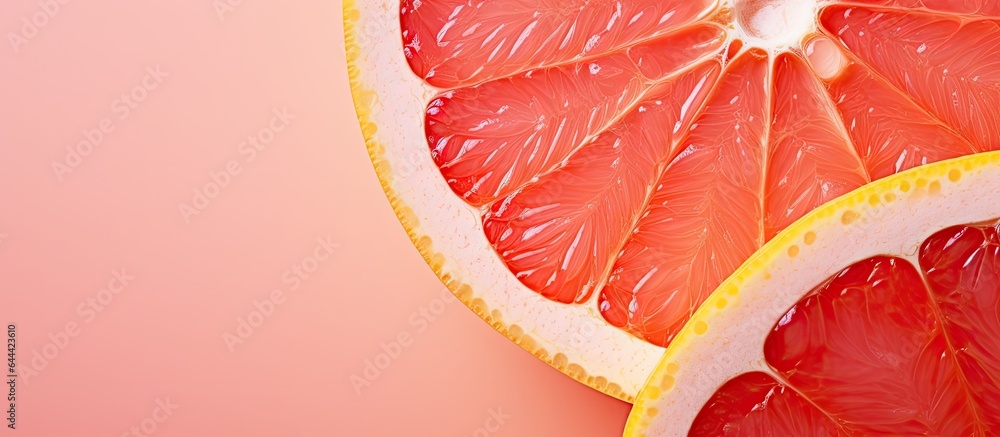 Poster macro close up of a delicious grapefruit slice isolated pastel background copy space