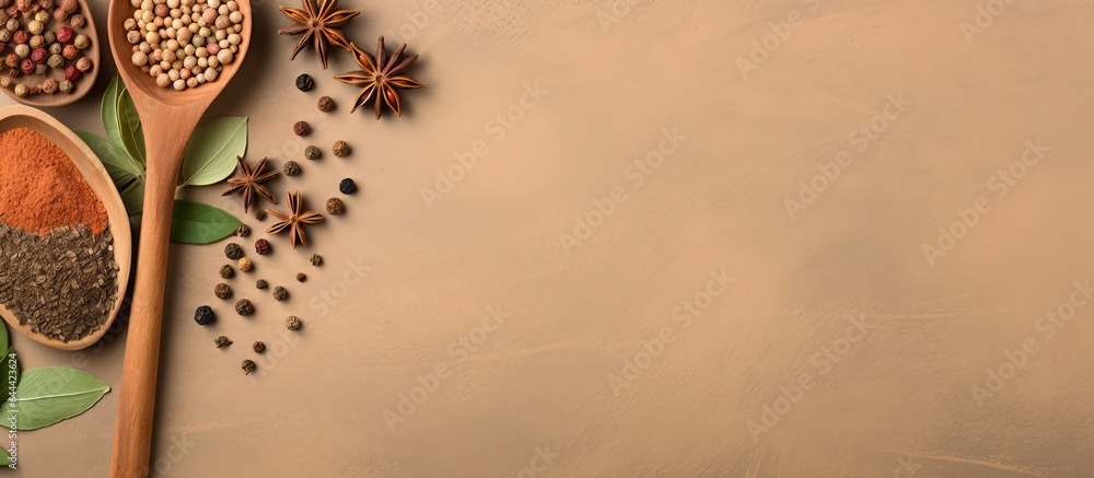 Poster selective focus on a isolated pastel background copy space with isolated aniseed spices and bamboo l