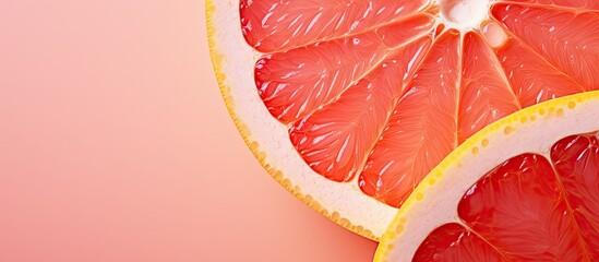 Macro close up of a delicious grapefruit slice isolated pastel background Copy space