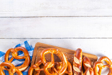  Homemade bavarian pretzels on kitchen table, traditional Oktoberfest, bavarian, German  breakfast...