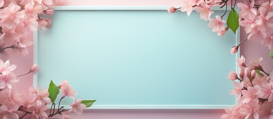 Fototapeta premium Small pink spring flowers arranged in a rectangular frame against a isolated pastel background Copy space
