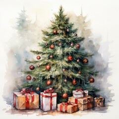 Watercolor Christmas Tree with Gift Boxes Illustration
