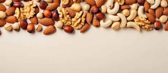 Nuts arranged on a isolated pastel background Copy space From above