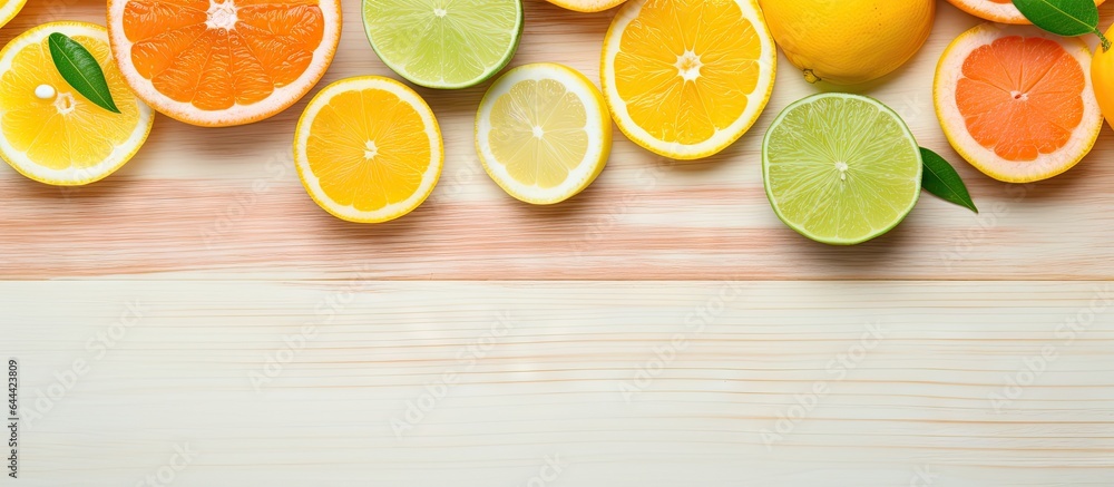 Aufkleber various types of citrus fruits like lemon orange tangerine and lime along with a banana are arranged