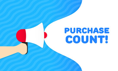 Purchase count icon. Flat, blue, purchase count, text from a megaphone, purchase count. Vector icon