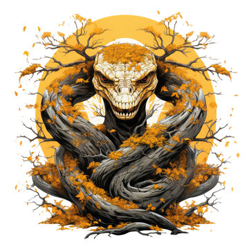 An autumnal Anaconda Tree t-shirt design, featuring a tree that wraps around the shirt, Generative Ai
