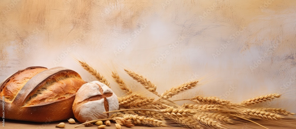 Poster loaf of wheat bread with ears of grain on a cutting board food bakery items isolated pastel backgrou