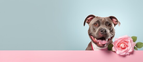Staffordshire Terrier holding rose against isolated pastel background Copy space