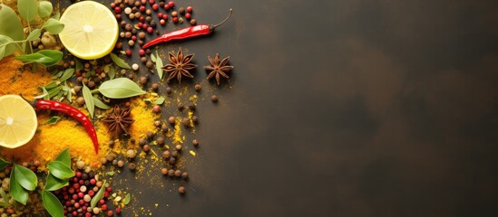 Top view of a spicy blend including lemon peel chili peppercorns mustard seeds ginger on a isolated pastel background Copy space - obrazy, fototapety, plakaty