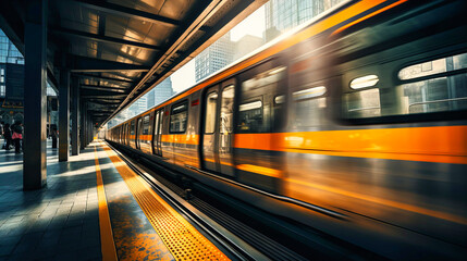 Subway train arriving at business district station - obrazy, fototapety, plakaty