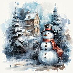 Obraz premium Watercolour Snowman, in the style of acidic and luminous colors on Christmas Background