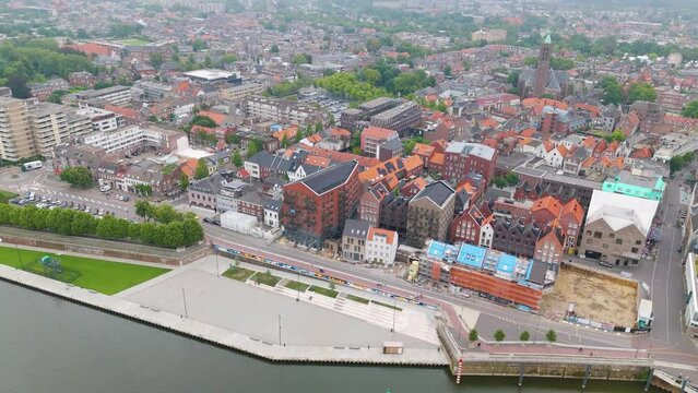 Aerial drone view of the riverside in the city of Venlo, the Netherlands