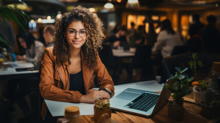 Portrait of beautiful young woman with curly online taxes and invoice using laptop.