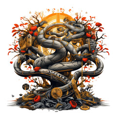 A time-traveling Anaconda Tree t-shirt design, depicting a tree that spans across the ages, Generative Ai
