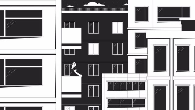 Girl on balcony bw lo fi animated background. Residential building night 80s retro lofi aesthetic wallpaper cartoon animation. Woman relaxing evening monochrome linear chill 4K video motion graphic