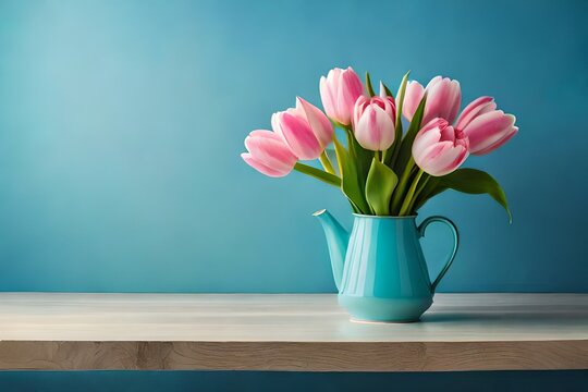 pink tulips in a vase with blue background