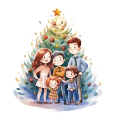 Obraz na płótnie Canvas Watercolor Art of a Christmas Tree with Parents Son and Daughter Celebrating Together