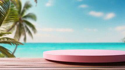 Obraz premium Product Display On A Blue Podium In A Summer Beach Themed 3d Render Background
