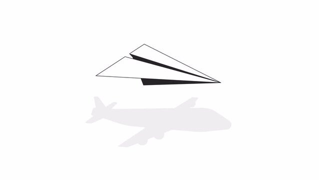 Flying paper airplane casting shadow bw lo fi animated background. Paper plane flight 80s retro lofi aesthetic wallpaper cartoon animation. Vision monochrome linear chill 4K video motion graphic