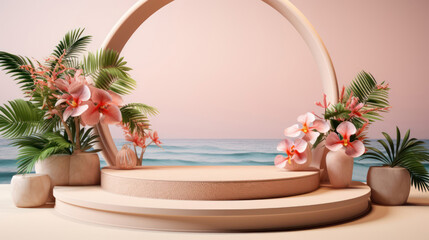 Product Display On A Blue Podium In A Summer Beach Themed 3d Render Background