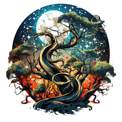 A celestial Anaconda Tree t-shirt design, depicting a tree that reaches into the cosmos, Generative Ai
