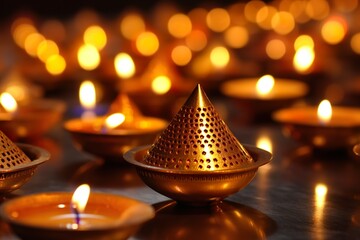 Happy Diwali Hindu festival colorful traditional oil Diya lamps lit during Deepavali Hindu festival of lights celebration