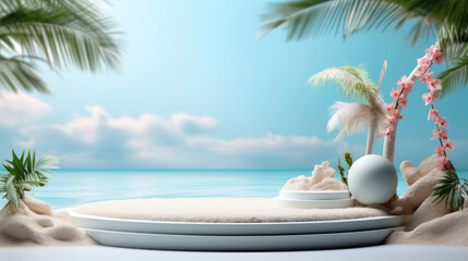 Product Display On A Blue Podium In A Summer Beach Themed 3d Render Background - obrazy, fototapety, plakaty