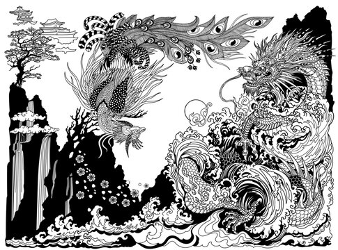 Dragon and Feng Huang or Chinese phoenix are depicted playing with or chasing a pearl. Landscape with waterfall waves and sakura blossom. Feng shui theme. Vertical orientation. Black and white vector 