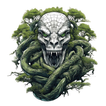 A gothic Anaconda Tree t-shirt design, showcasing a tree that stretches across the shirt like intricate lace, Generative Ai
