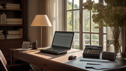 Mahogany Desk in Softly Lit Office: Calm Productivity - Generative Art - obrazy, fototapety, plakaty