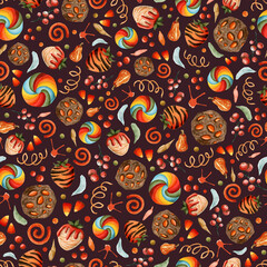 Fototapeta premium Halloween candies, sweets and treats watercolor seamless pattern with hand drawn cookies, chocolate strawberries, corn caramels, spiral candy on dark brown background in orange red colors