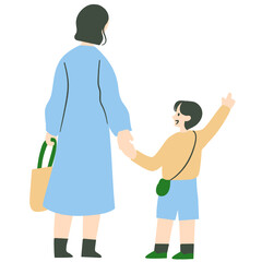 Mother and son holding hands flat illustration