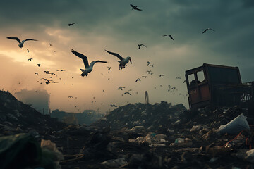 Seagulls flying in the sky over a garbage dump.
