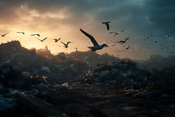 Fototapeta na wymiar Garbage dump with flying seagulls. Pollution environment concept.