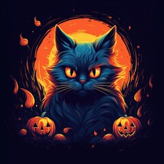 Halloween Black Cats with Pumpkins Under the Enigmatic Glow of a Full Moon
