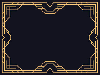 Art deco frame. Vintage linear border in gold color on a black background. Design a template for invitations, leaflets and greeting cards. The style of the 1920s - 1930s. Vector illustration