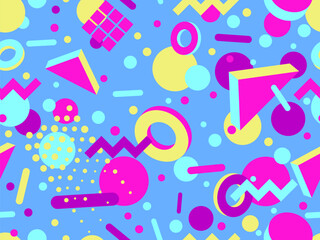 3D geometric seamless pattern in 80s style. 3d isometric triangles, zigzags and circles. Geometric memphis style. Design for promotional products, wrapping paper and printing. Vector illustration