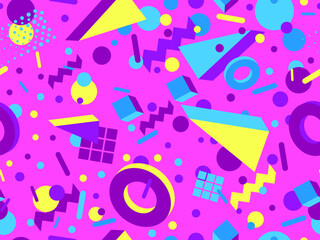 3D geometric seamless pattern in 80s style. 3d isometric triangles, zigzags and circles. Geometric memphis style. Design for promotional products, wrapping paper and printing. Vector illustration