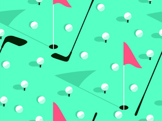 Seamless pattern with golf balls on the rack, clubs, holes and red flags. Background for golf club. Design for typography, banners and posters, promotional items. Vector illustration
